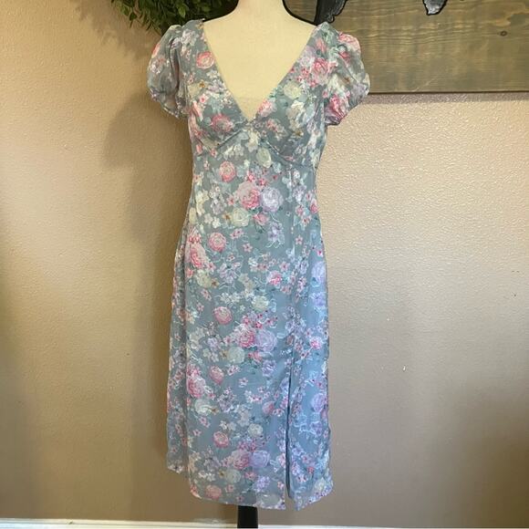 NWOT Lulus Elegant Personality Slate Blue Floral Burnout Midi Dress - Picture 2 of 10